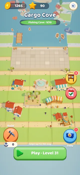 The harbor screen: Fishing Cove almost built, with houses, market stalls, boats and the Play button.