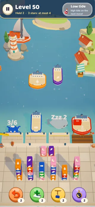 A Cargo Cove level: ships at the piers, a purple sea monster and a sleeping whale, and stacks of colorful containers on the quay.