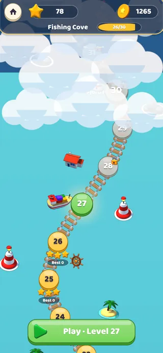 The level map: numbered stops on a sea route, with stars and a little cargo ship.