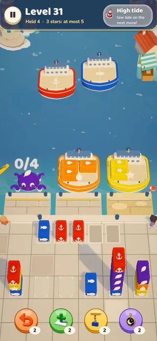 A purple octopus docks at a pier like a ship and waits for its four containers.