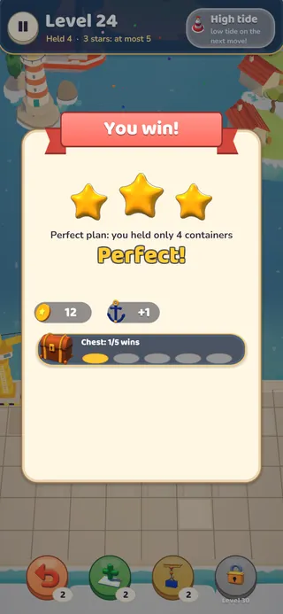 The win card: three stars for a perfect plan, coins and an anchor.