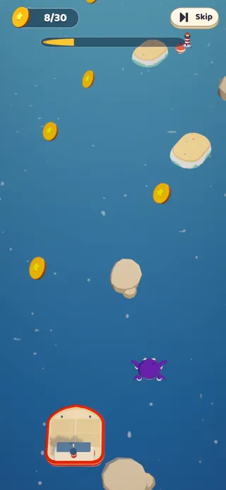 A voyage: the player's ship sails between rocks and gold coins.
